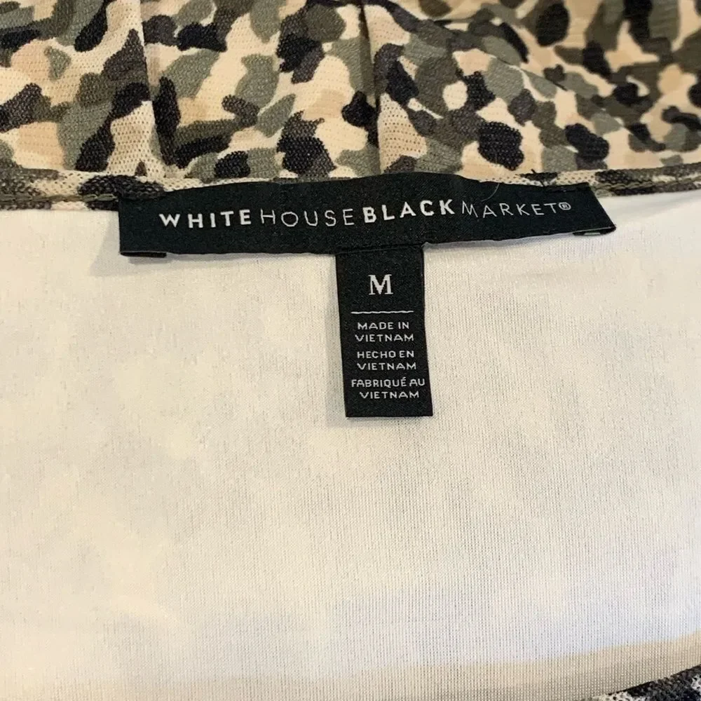 White House Black Market Black Olive Green and Cream Smocked Blouse